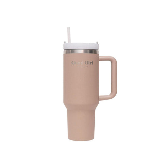 Beige tumbler forfra med lokk